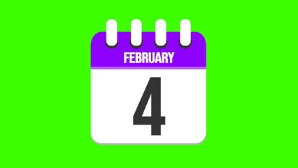 February 4. Cartoon style calendar. Cartoon style calendar with date and month name on green chroma key background. 4k.