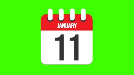 January 11. Cartoon style calendar. Cartoon style calendar with date and month name on green chroma key background. 4k.
