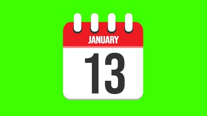 January 13. Cartoon style calendar. Cartoon style calendar with date and month name on green chroma key background. 4k.