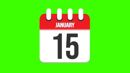 January 15. Cartoon style calendar. Cartoon style calendar with date and month name on green chroma key background. 4k.