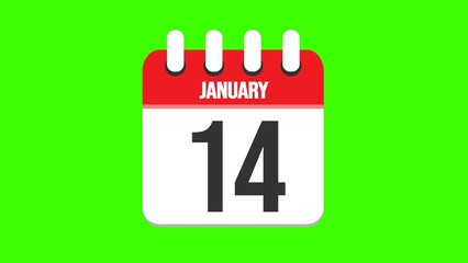 January 14. Cartoon style calendar. Cartoon style calendar with date and month name on green chroma key background. 4k.