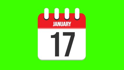 January 17. Cartoon style calendar. Cartoon style calendar with date and month name on green chroma key background. 4k.