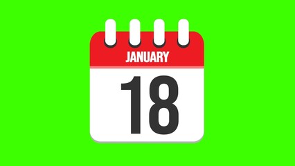 January 18. Cartoon style calendar. Cartoon style calendar with date and month name on green chroma key background. 4k.