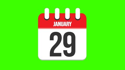 January 29. Cartoon style calendar. Cartoon style calendar with date and month name on green chroma key background. 4k.