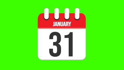January 31. Cartoon style calendar. Cartoon style calendar with date and month name on green chroma key background. 4k.