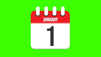 January 1. Cartoon style calendar. Cartoon style calendar with date and month name on green chroma key background. 4k.