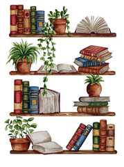Watercolor books shelf with house plant. Library book rows, pile books on shelf with home plants in ceramic pots. Library book rows. Bookshop interior. Reading room in school, university, college.