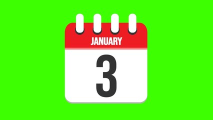 January 3. Cartoon style calendar. Cartoon style calendar with date and month name on green chroma key background. 4k.