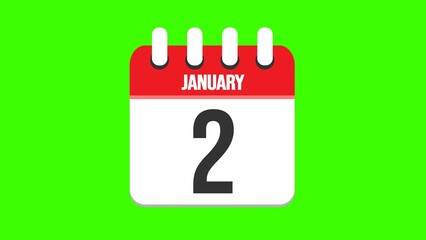 January 2. Cartoon style calendar. Cartoon style calendar with date and month name on green chroma key background. 4k.