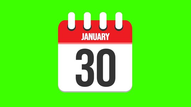 January 30. Cartoon style calendar. Cartoon style calendar with date and month name on green chroma key background. 4k.