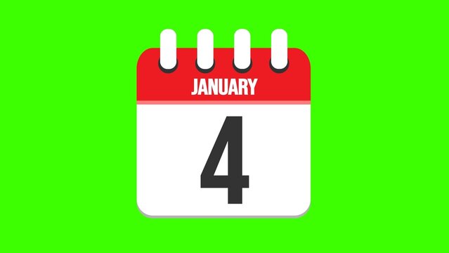 January 4. Cartoon style calendar. Cartoon style calendar with date and month name on green chroma key background. 4k.