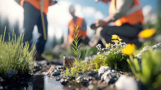 A team of environmental engineers inspecting the land in a remote area to assess its environmental impact.