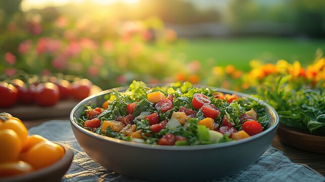 A vibrant salad bowl filled with fresh vegetables, set in a sunny garden.