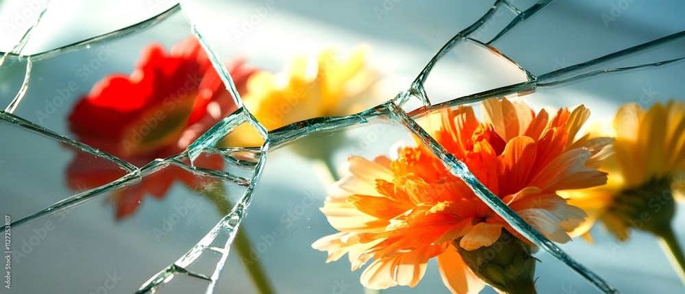 Poster Beautiful Colorful Flowers with Broken Glass Reflection Creating a Unique Visual Contrast of Delicate Nature and Fragile Surfaces in an Artistic Composition