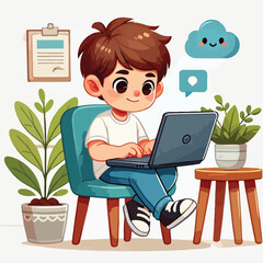 a boy is using his laptop vector