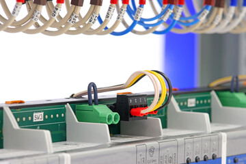 Connection of electrical modules using insulated mounting wires. Close-up. Soft focus.