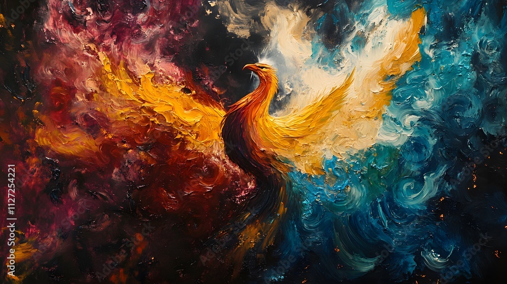 Poster vibrant abstract phoenix rising from the ashes in a whirlwind of colorful swirls with fiery hues and