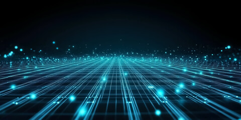 Obraz premium A glowing, interconnected circuit grid in shades of blue and green over a dark black background, evoking high-tech, futuristic themes
