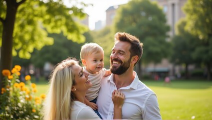 A cheerful family with two young children sitting in a vibrant green meadow with yellow flowers, sharing joyful moments. Generative, AI