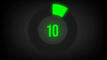 Numerical counting 10. Circular progress bar with bright neon green light in 10%.
