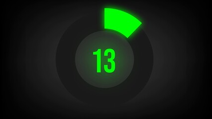 Numerical counting 13. Circular progress bar with bright neon green light in 13%.