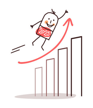 Cartoon 2025 flying man, with an optimistic economy chart