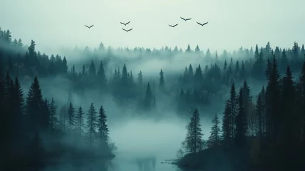 Serene misty landscape with birds flying over calm waters