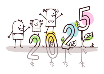 Cartoon Happy Family with a big growing 2025 sign