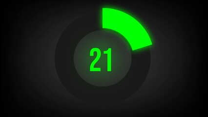 Numerical counting 21. Circular progress bar with bright neon green light in 21%.