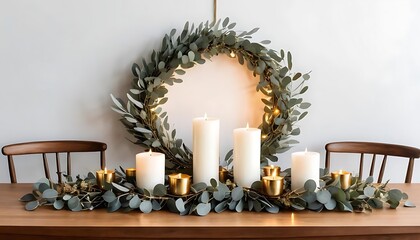 Candles, Wreath, and Eucalyptus Table Decor