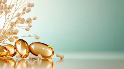 Obraz premium Golden Amber Capsules on Polished Surface with Natural Accents