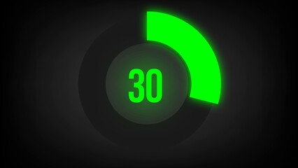 Numerical counting 30. Circular progress bar with bright neon green light in 30%.