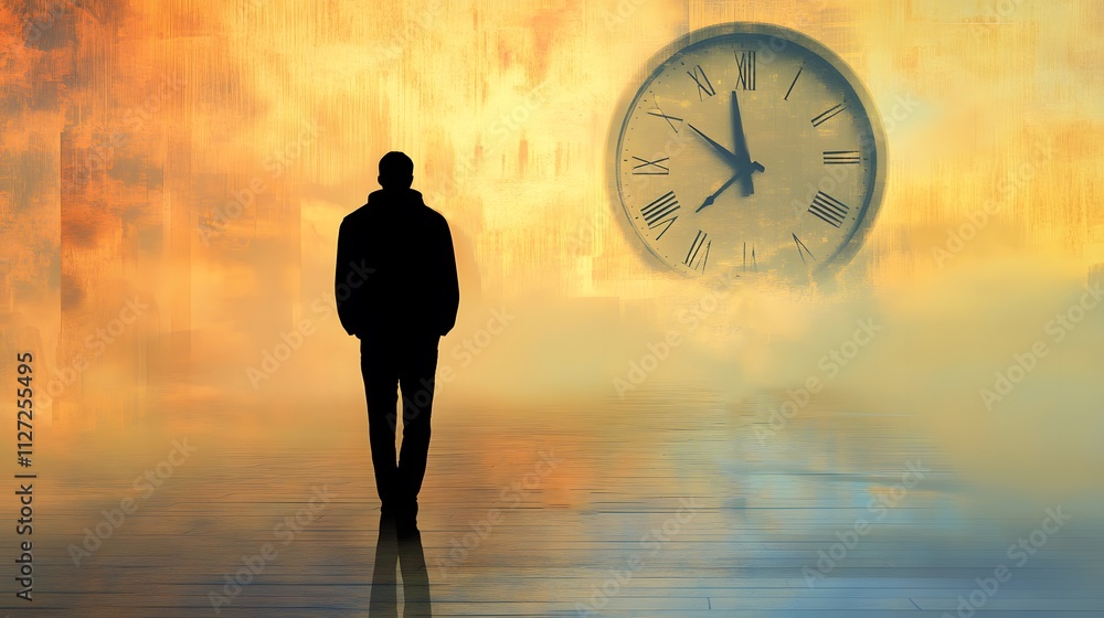Aufkleber silhouette of a person contemplating time with a large clock in the background during a dramatic sun