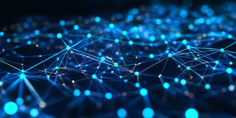 Obraz premium A glowing, interconnected circuit grid in shades of blue and green over a dark black background, evoking high-tech, futuristic themes