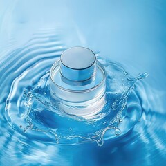 Moisturizer jar in water splash.