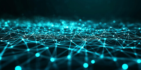 
A glowing, interconnected circuit grid in shades of blue and green over a dark black background, evoking high-tech, futuristic themes