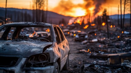 A haunting landscape showcases the remnants of a devastating forest fire, with burned vehicles amidst charred trees and a fiery sunset illuminating the destruction.