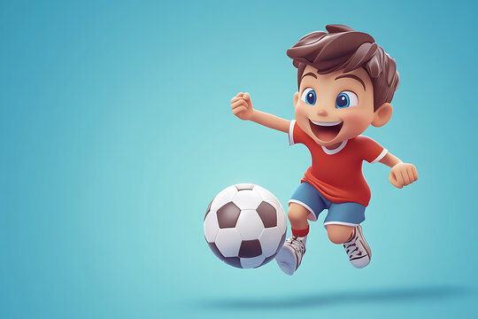 A cheerful cartoon boy playing soccer, showcasing excitement and energy.