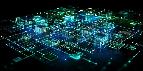 Obraz premium A glowing, interconnected circuit grid in shades of blue and green over a dark black background, evoking high-tech, futuristic themes