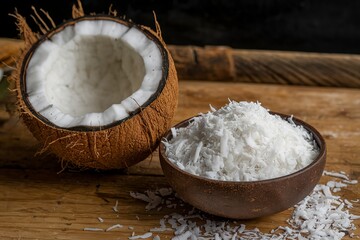 A photo of a freshly cracked coconut with its white, creamy interior