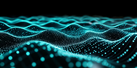 
A glowing, interconnected circuit grid in shades of blue and green over a dark black background, evoking high-tech, futuristic themes