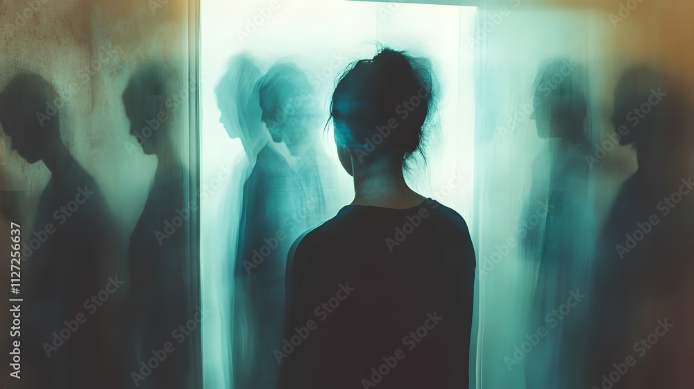 Poster surreal reflection of a woman surrounded by ethereal shadows capturing the essence of mental struggl