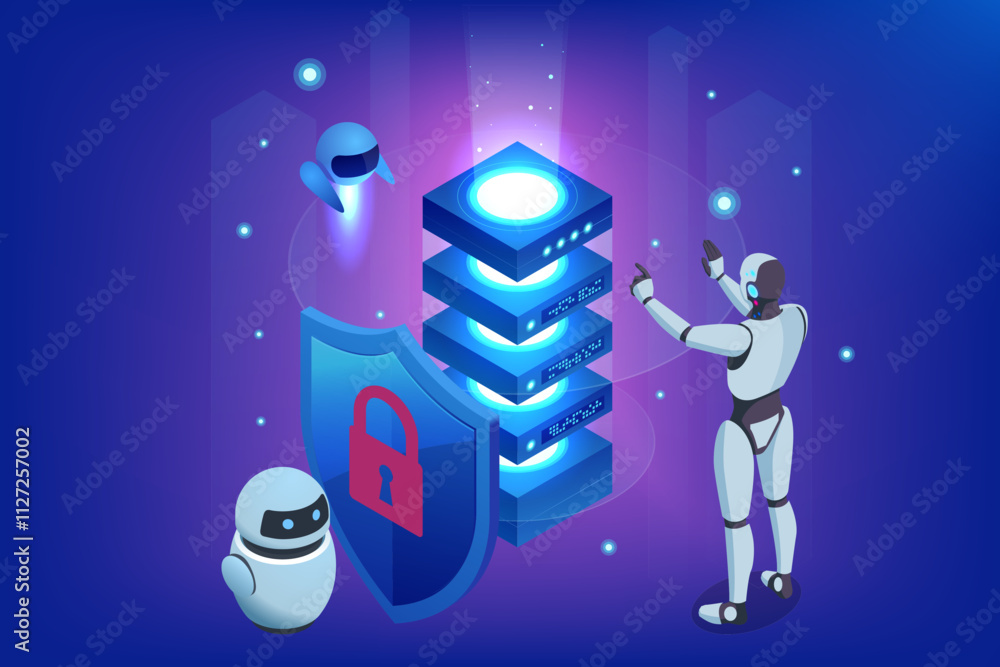 Poster isometric ai-powered robot ensuring information privacy through advanced cybersecurity measures. it 