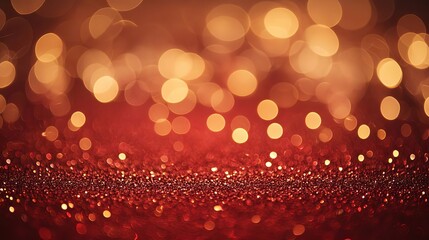Red shimmering bokeh Christmas background, vibrant defocused lights, warm tones, sparkling red glitter