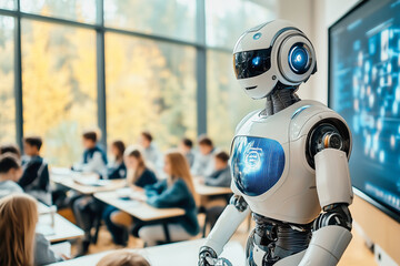 Humanoid robot teacher interacting with elementary school students in modern classroom, the concept of future training