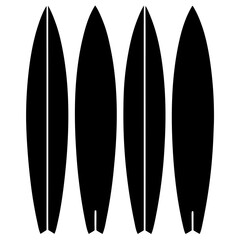 Black surfboard collection shape icons. Set of surfing board shapes art front view. Board elements silhouette art & illustration.