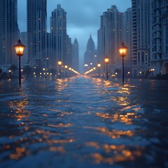 Fototapeta premium A modern city partially submerged in water, with only the tops of buildings and street lights visible
