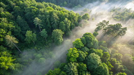 An aerial view of a vibrant green forest