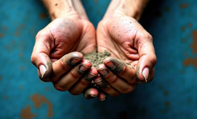 A close-up of outstretched, weathered hands with dirt-stained fingernails