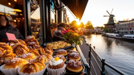 A beautiful café scene captures a stunning sunset illuminating a canal, adorned with pastries and flowers, enticing viewers with inviting warmth and delectable treats.